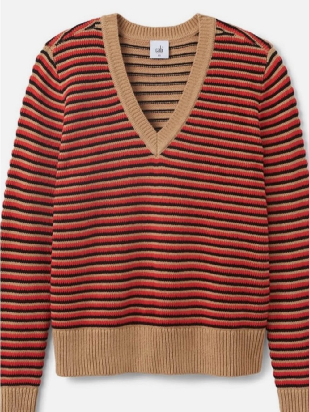 Cabi Striped Jazz V-Neck Sweater in Red and Tan and black, Size S